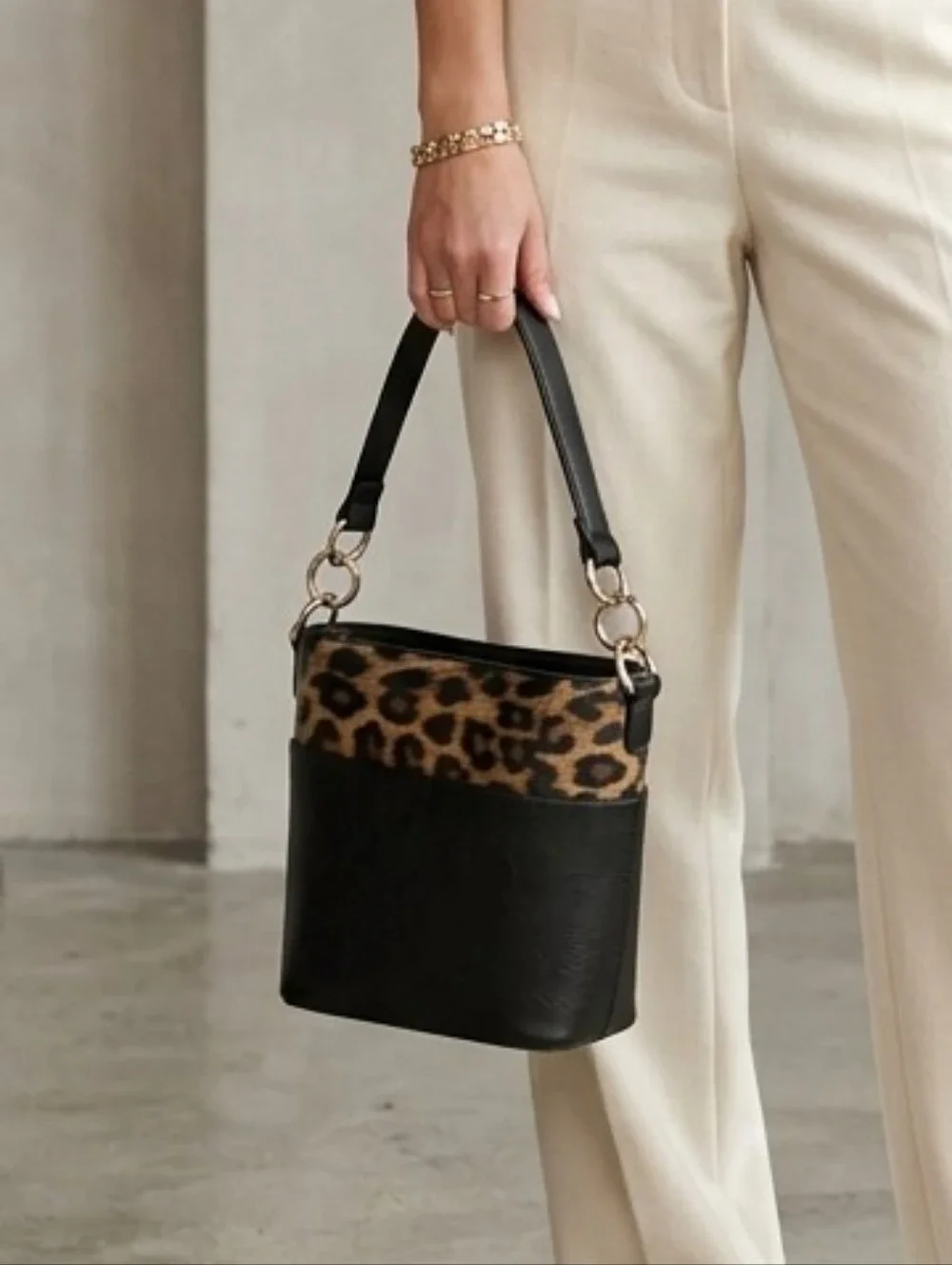 Leopard Print Leather Bucket Bag Gold Hardware Medium